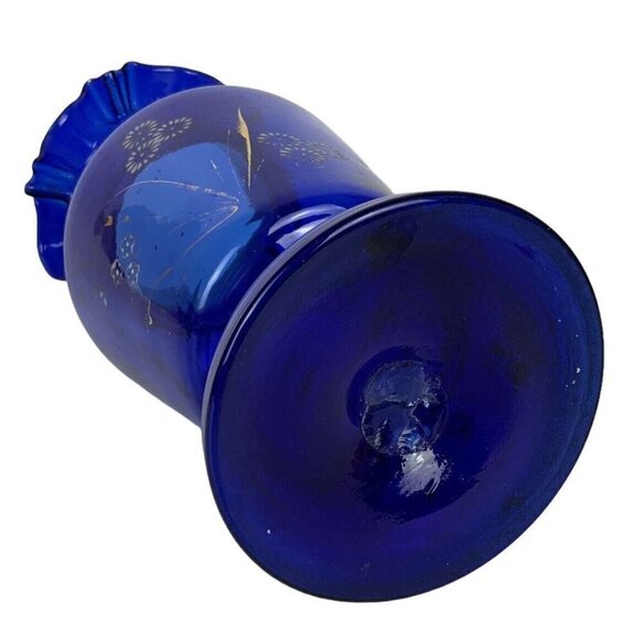 Cobalt Blue Art Glass Vase Hand Painted Flowers Ruffled Edge Vintage - Picture 7 of 7